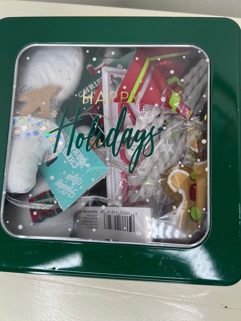 Brand New-Holiday Tin with 5 Assorted Ornaments
